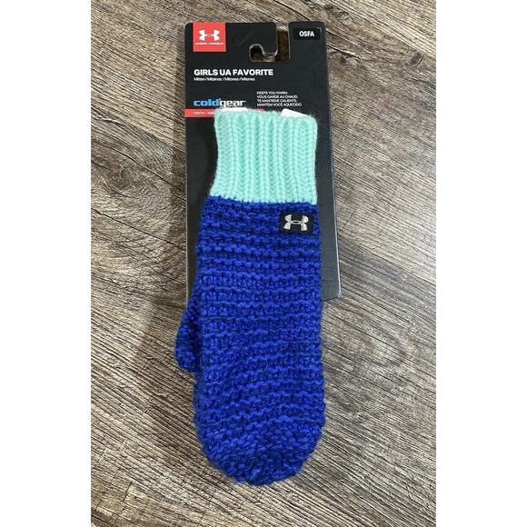 New Under Armour Girls Favorite Cold Gear Mittens Youth One Size Green Blue - Picture 1 of 6